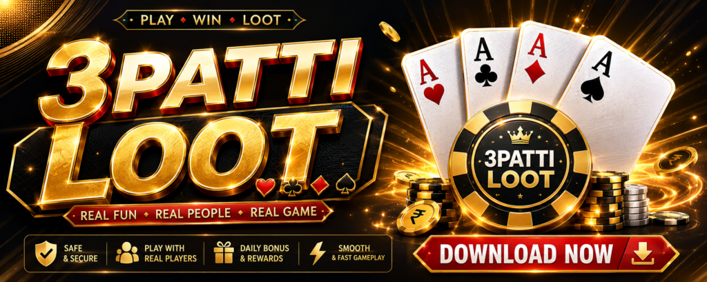 3Patti Loot Game banner with gold playing cards, casino chips, and a premium black-and-gold gaming design