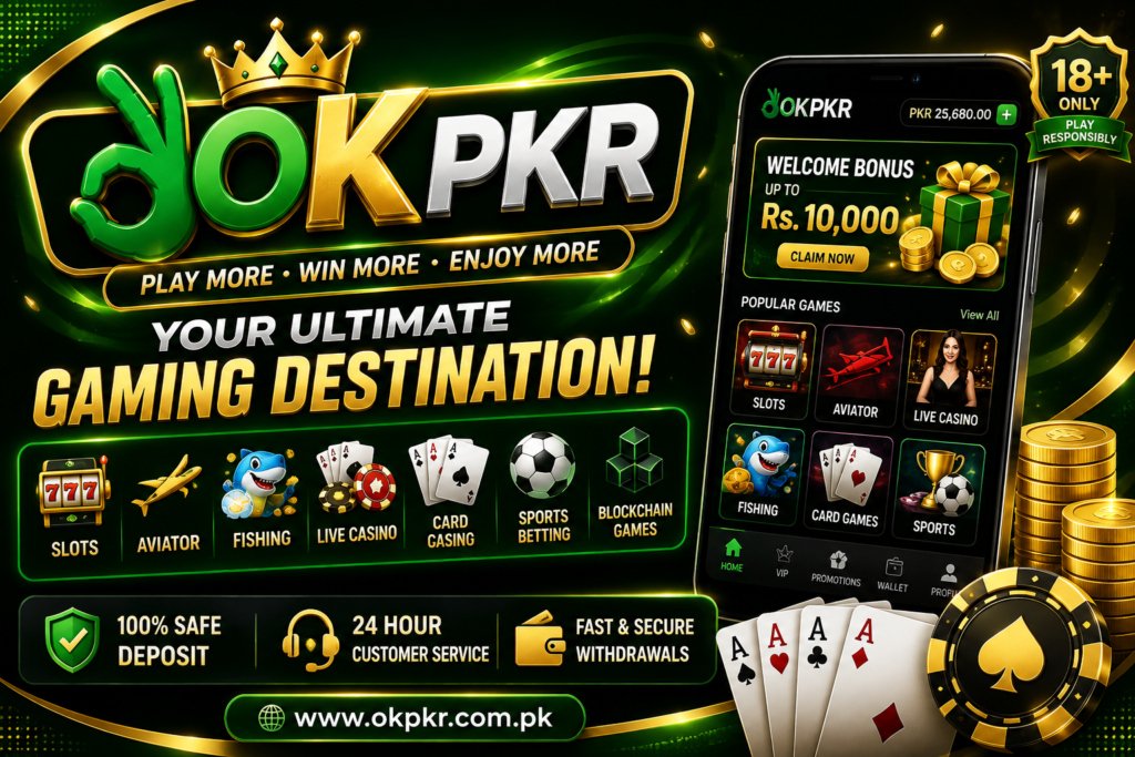 OKPKR Game banner featuring online gaming categories and Android platform