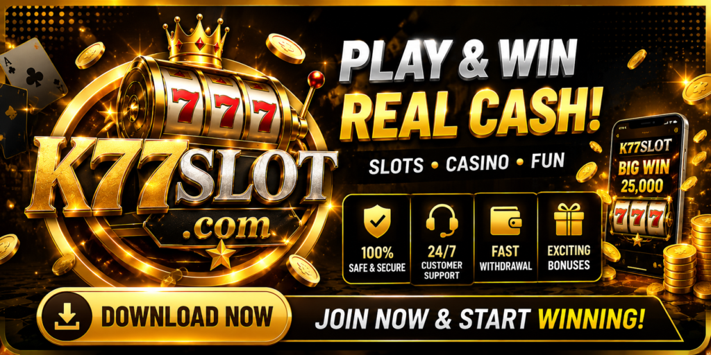 K77Slots Game banner with 777 slot machine and gold gaming design