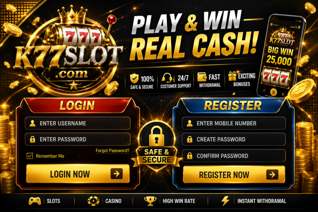 K77Slots Game login and register banner with 777 slot design