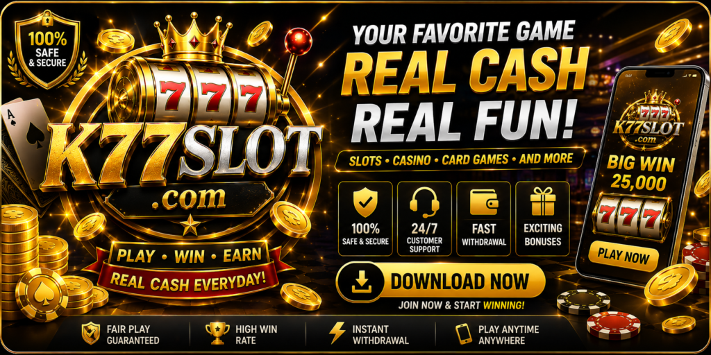 K77Slots Game home page banner for APK download and online gaming