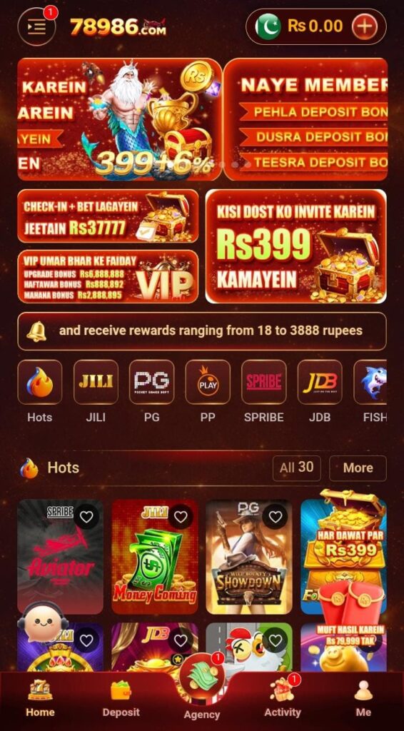 Mega Luck Game APK home page showing popular games, gaming categories, bonus promotions, and account features.