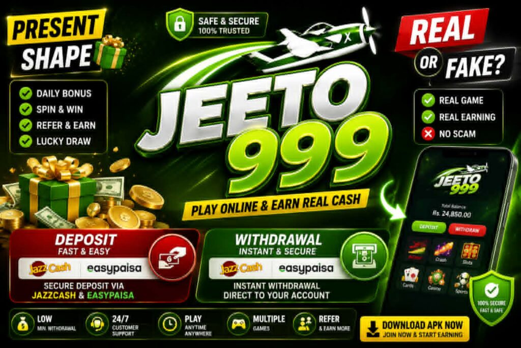 Jeeto999 Game promotional banner featuring real or fake review, deposit and withdrawal options, daily bonus, spin and win, refer and earn, JazzCash and Easypaisa payment methods, APK download and online gaming information