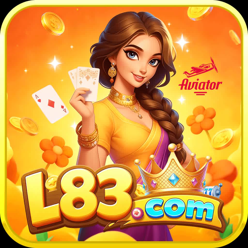 L83 Game APK logo with woman holding playing cards, gold coins and Aviator graphic