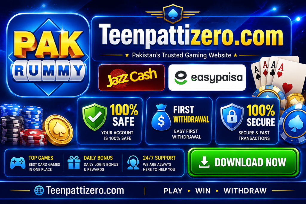 Pak Rummy Game banner for TeenPattiZero.com with download option, JazzCash and Easypaisa payment methods