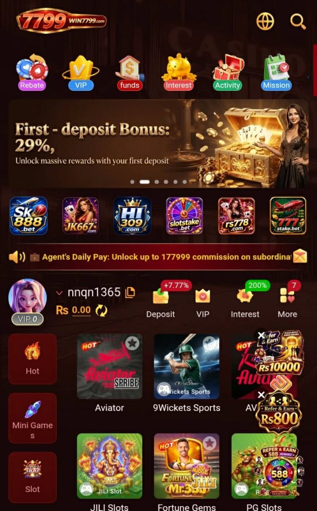 WIN7799 Game home page with online gaming interface