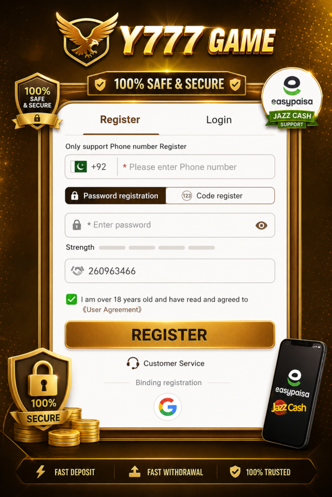 Y777 Game registration banner with secure payment support