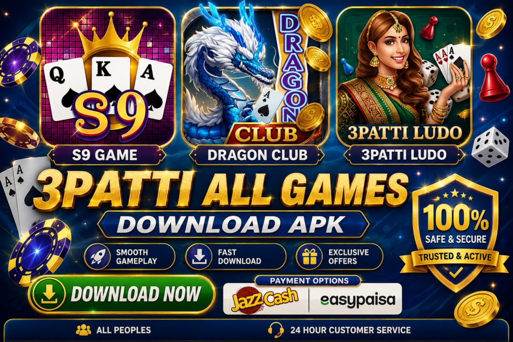 3Patti All Games Download APK banner featuring S9 Game, Dragon Club, and 3Patti Ludo